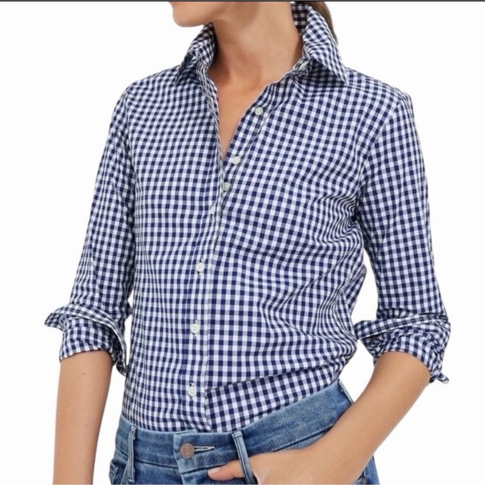 UNTUCKit Gattinara Button Down Shirt Long Sleeve Blouse Navy & White Women's 12